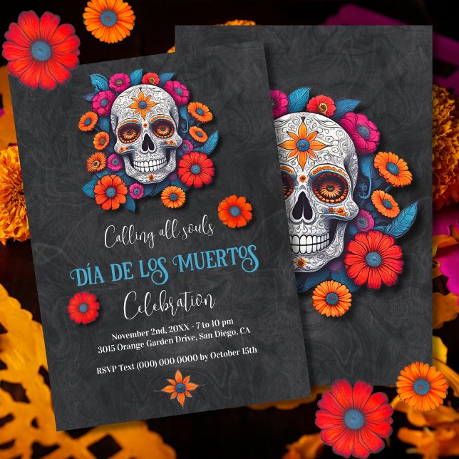 Invitation Calavera florale colorée Dia de los Muertos (Créateur téléchargé)