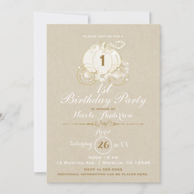 Invitation Calèche Cinderella Kraft Or Première 1ère Annivers (Devant)