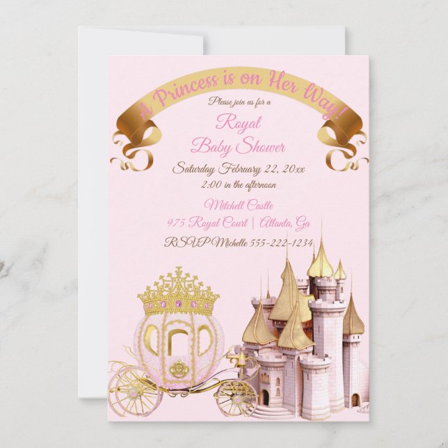 Invitation Calèche de château de princesse royale rose or fil (Devant)
