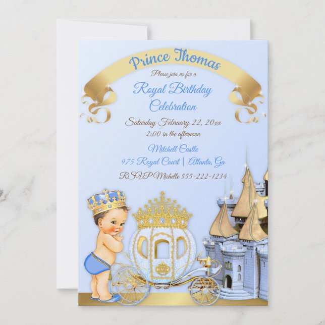 Invitation Calèche de château du prince royal bleu or garçon (Devant)