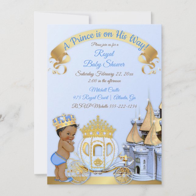 Invitation Calèche de château du prince royal bleu or garçon (Devant)