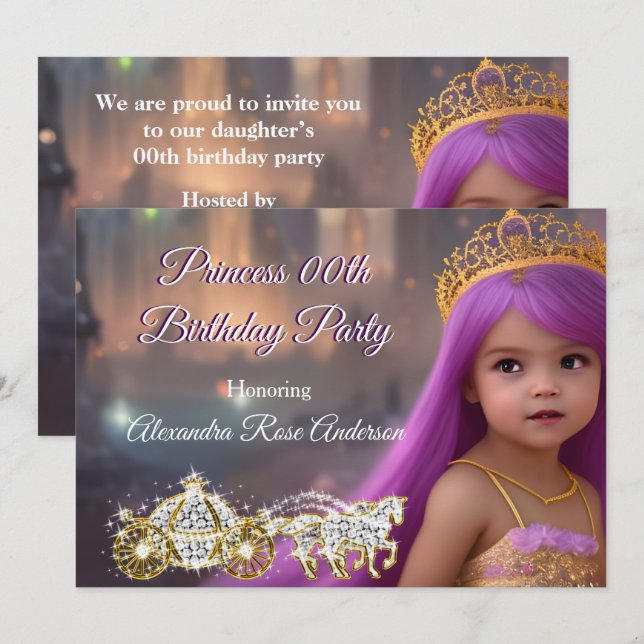 Invitation Calèche de fête d'anniversaire de princesse violet (Devant / Derrière)