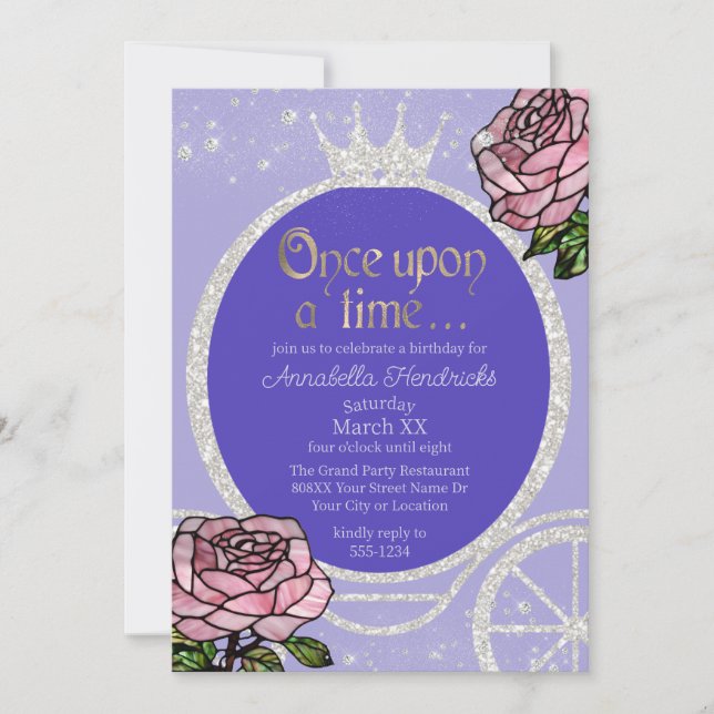 Invitation Calèche de princesse de conte de fées et roses de  (Devant)