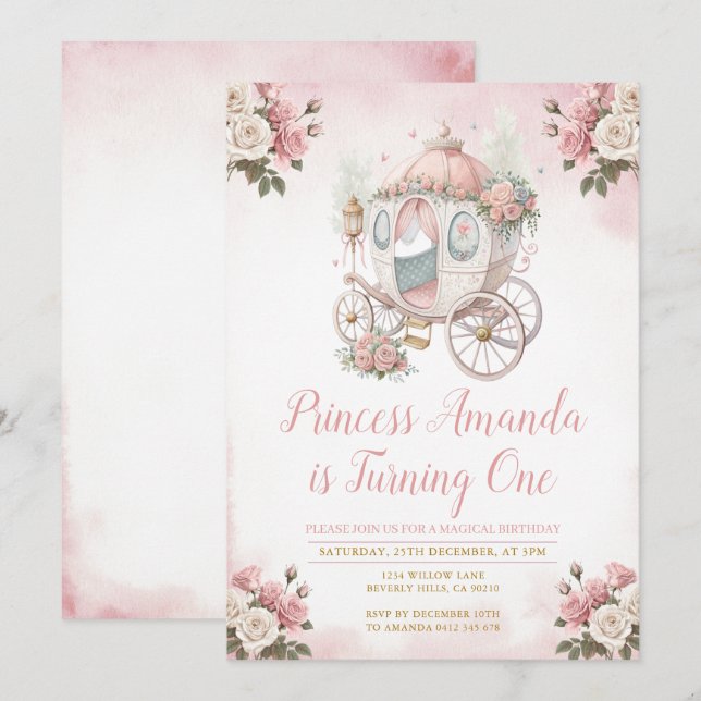 Invitation Calèche de princesse magique pour anniversaire Fêt (Devant / Derrière)