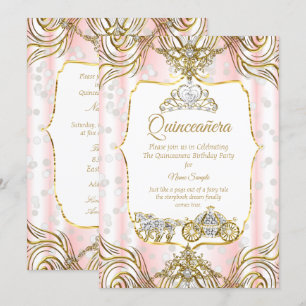 Invitation Calèche de princesse pour Quinceanera or rose blan