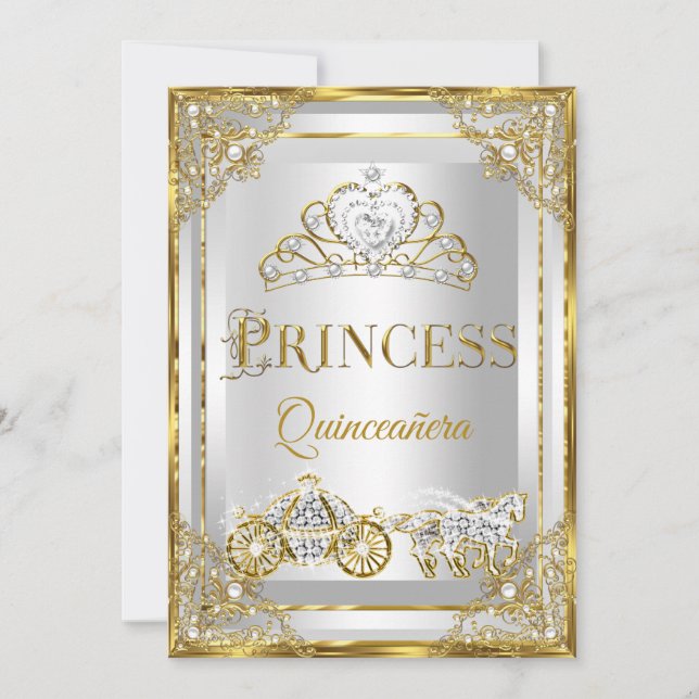 Invitation Calèche de Quinceanera blanche or perle de princes (Devant)