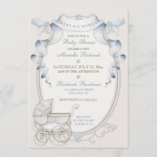 Invitation Calèche Vintage Gingham Ivoire Oiseaux Bleus