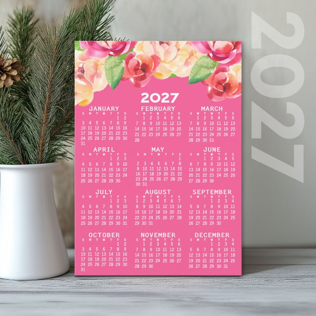 Invitation Calendrier 2027 avec fleurs aquarelles peintes (2027 Calendar Holiday Card)