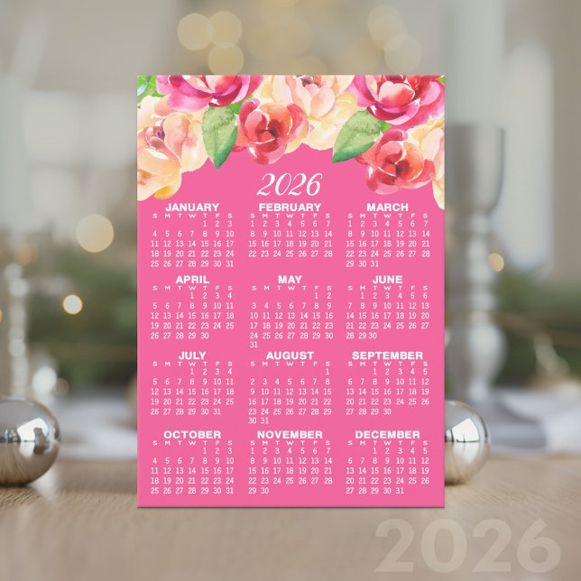 Invitation Calendrier avec des fleurs d'aquarelle peintes (2026 Calendar Card)