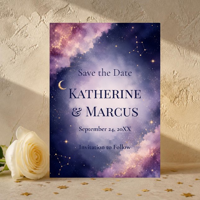 Invitation Calendrier céleste aquarelle Galaxie (Elegant celestial watercolor save the date with dreamy galaxy clouds, gold stars and moon accents.)