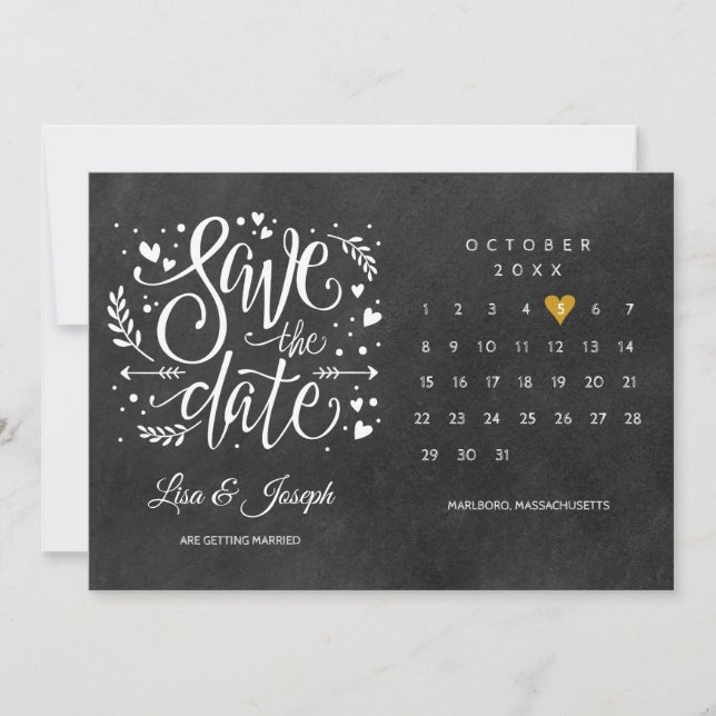 Invitation Calendrier Coeur Doré Rustique Enregistrez la Date (Devant)