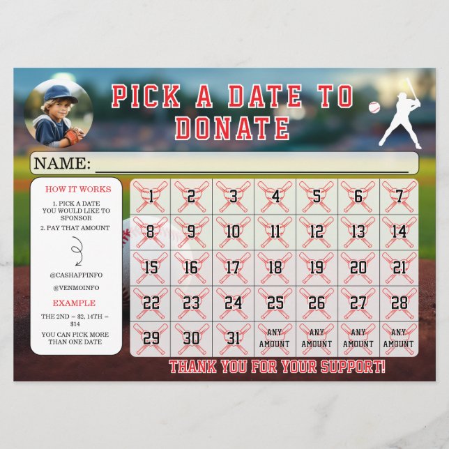 Invitation Calendrier de collecte de fonds de baseball modifi (Devant)