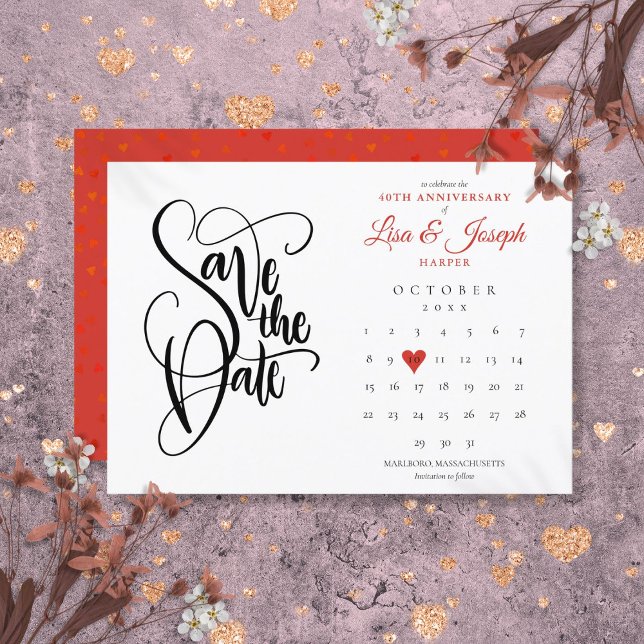 Invitation Calendrier de date de sauvegarde pour les 40 ans R (40th Anniversary Save the Date Calendar Ruby Heart Invitation)
