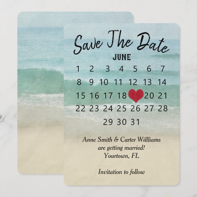 Invitation Calendrier de mariage à l'Océan Beach, pensez à la (Devant / Derrière)