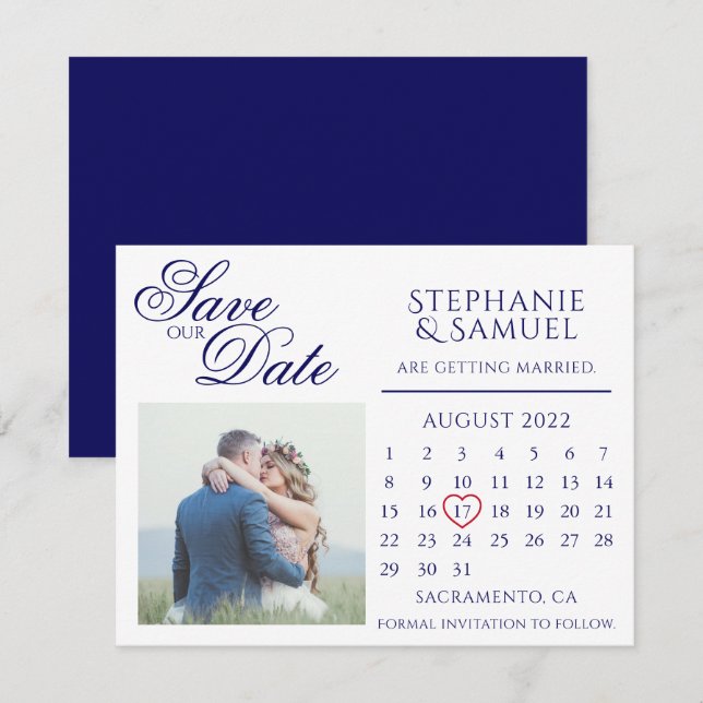 Invitation Calendrier de mariage bleu marine Photo Save the D (Devant / Derrière)