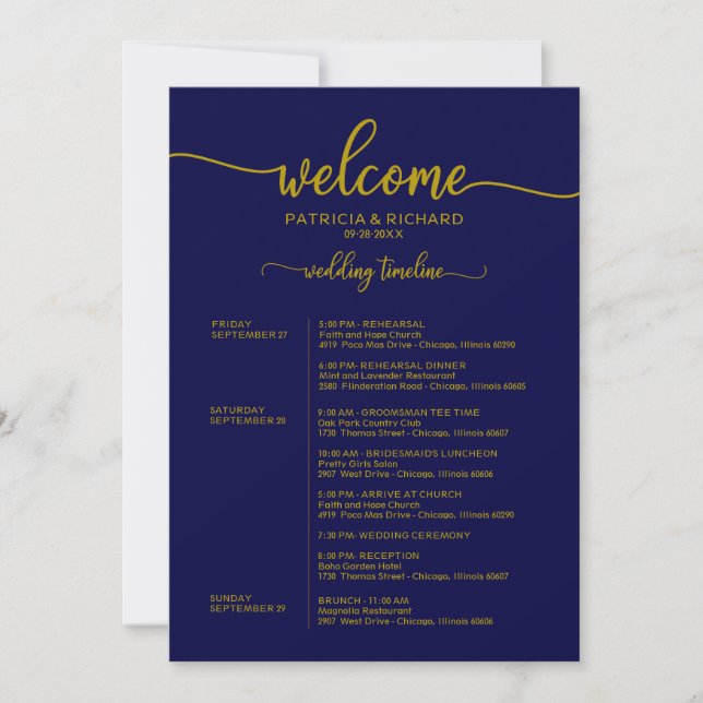 Invitation Calendrier de mariage de week-end élégant or bleu  (Devant)