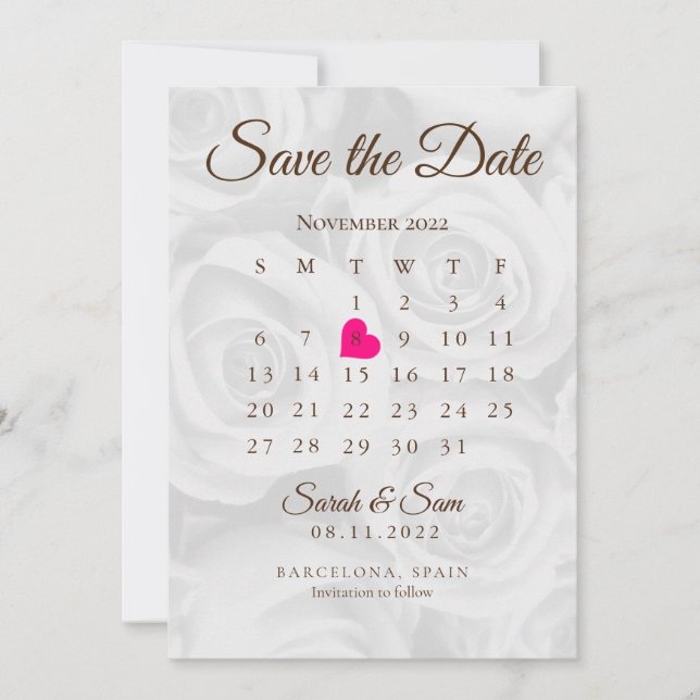 Invitation Calendrier de mariage élégant avec des roses blanc (Devant)
