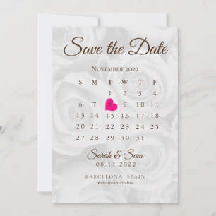 Invitation Calendrier de mariage élégant avec des roses blanc