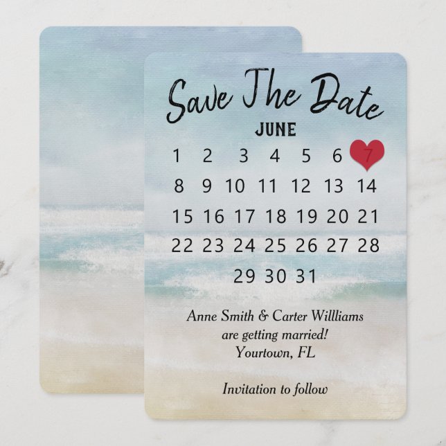 Invitation Calendrier de mariage "Sauver la date" Plage Océan (Devant / Derrière)