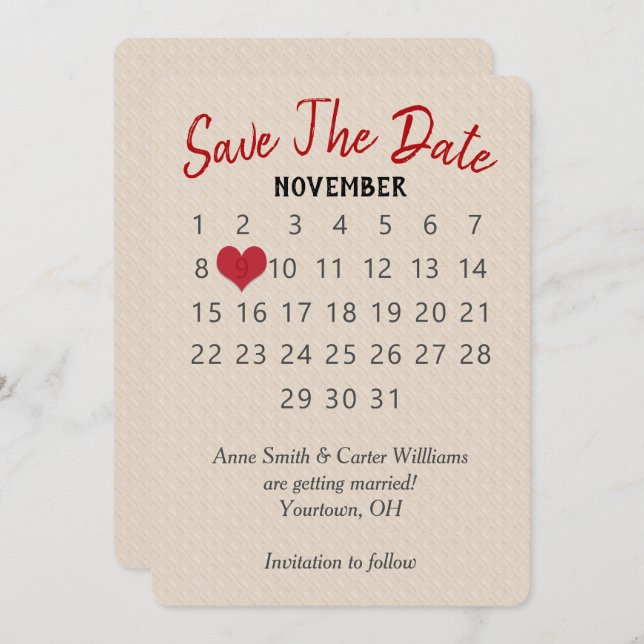 Invitation Calendrier de mariage "Sauver la date" sur motif e (Devant / Derrière)