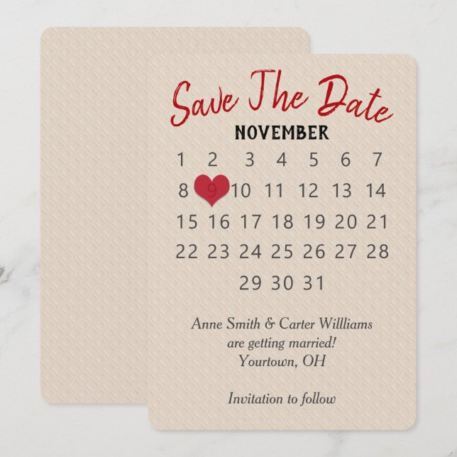 Invitation Calendrier de mariage "Sauver la date" sur motif g (Devant / Derrière)