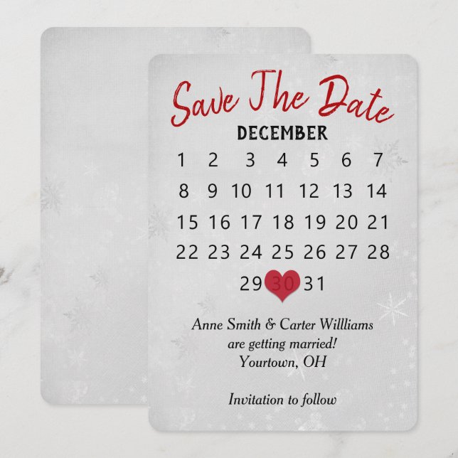Invitation Calendrier de mariage "Save the Date" Flocons de n (Devant / Derrière)