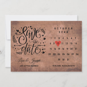 Invitation Calendrier de mise en garde Bois Rustique Cœur Rou