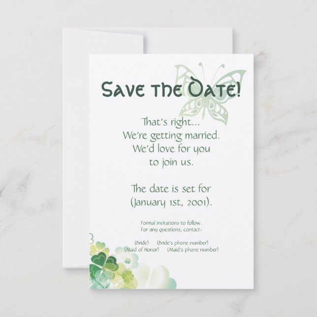 Invitation Calendrier de sauvegarde Coin Trèfle Vert et Papil (Dos)