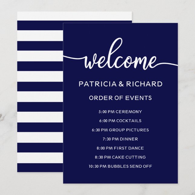 Invitation Calendrier des événements de mariage bleu marine (Devant / Derrière)