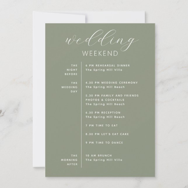Invitation Calendrier du week-end de mariage champêtre vert s (Dos)