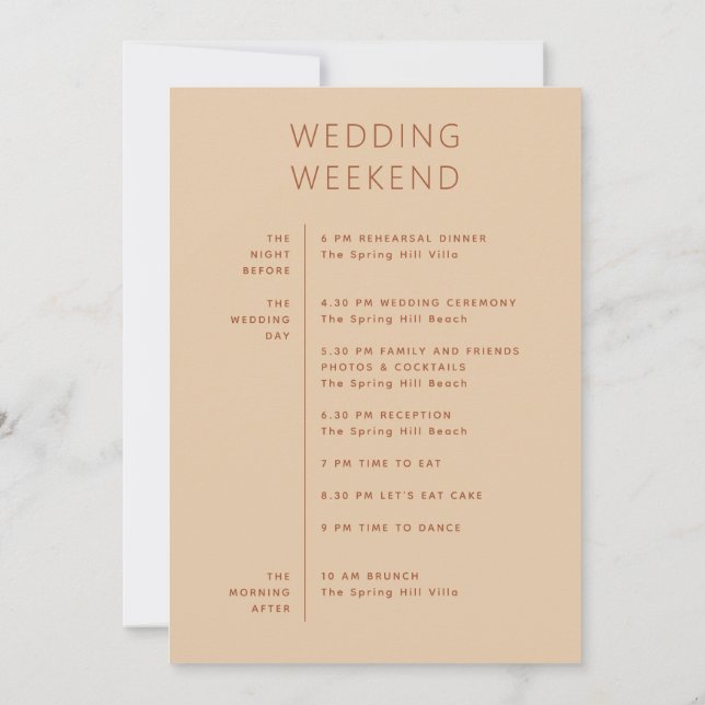 Invitation Calendrier du week-end de mariage | Chronologie Pe (Dos)