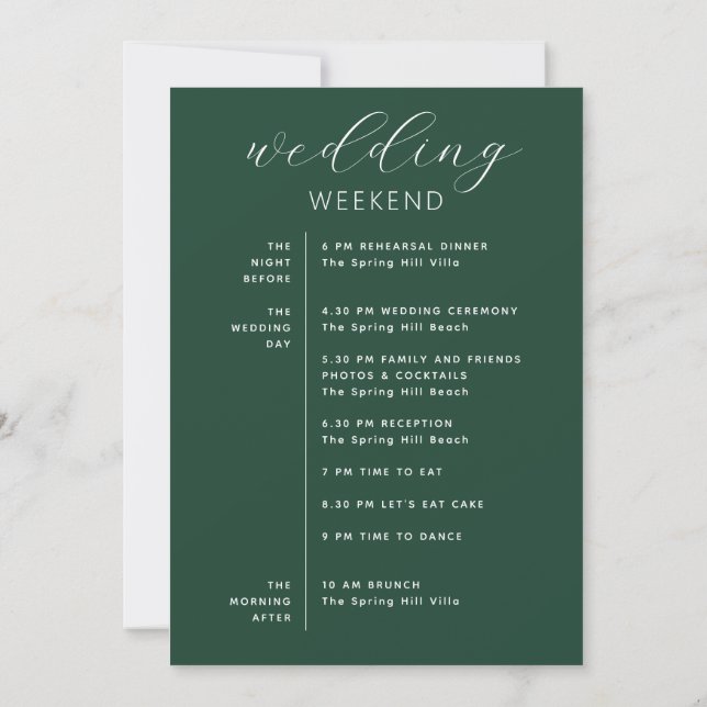 Invitation Calendrier du week-end de mariage Vert bois sombre (Dos)