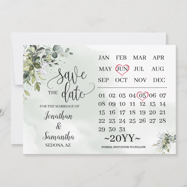 Invitation Calendrier enregistrer la date Eucalyptus verdure (Devant)