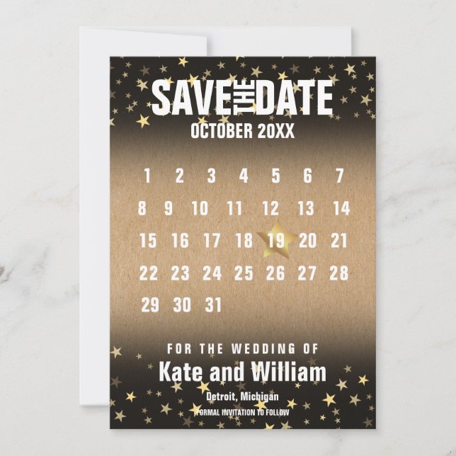 Invitation Calendrier Étoiles Dorées Rustique Enregistrez la  (Devant)