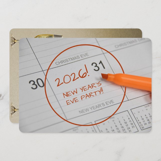 Invitation Calendrier & Fête du Nouvel An Champagne (Devant / Derrière)
