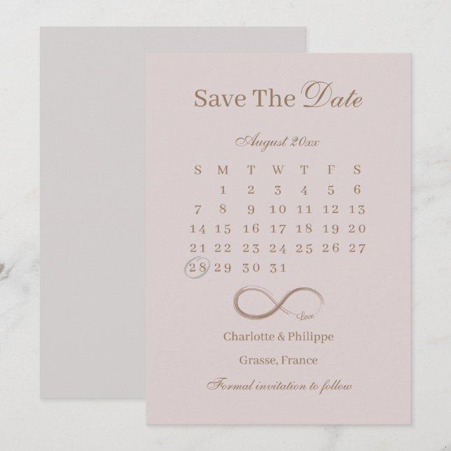 Invitation Calendrier Infinity Dusty Pink Enregistrer la date (Devant / Derrière)