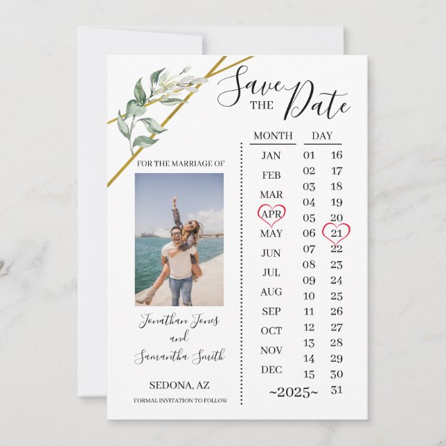Invitation Calendrier photo enregistrer le mariage Date Green (Devant)