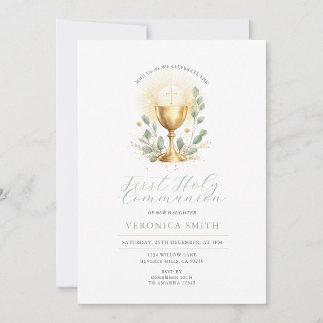 Invitation Calice Croix d'Or de Première Sainte Communion Min (Devant)