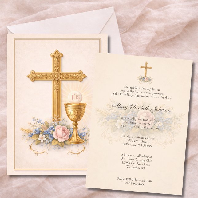 Invitation Calice de la Première Communion Hostie Fleurie  (Créateur téléchargé)