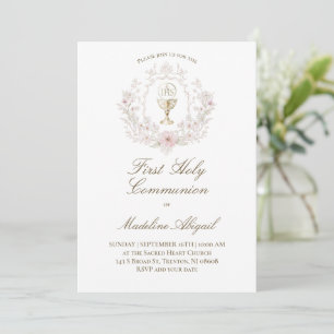 Invitation calice de première communion à blason floral