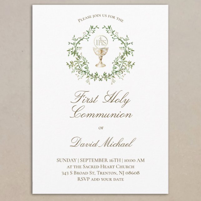 Invitation calice de première communion solennelle feuillage  (Créateur téléchargé)