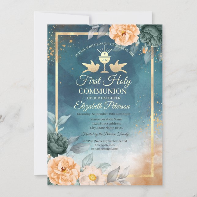 Invitation Calice d'Or Roses Vertes Première Communion Solenn (Devant)