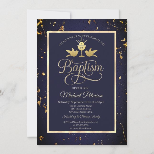 Invitation Calice doré élégant baptême bleu marine (Devant)