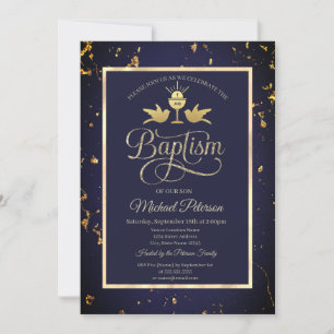 Invitation Calice doré élégant baptême bleu marine