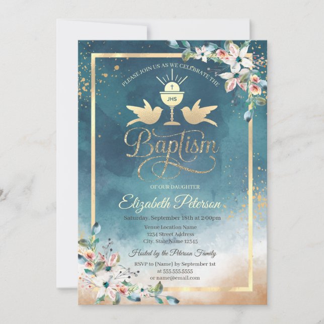 Invitation Calice Élégant Fleurs Aquarelle Baptême (Devant)