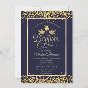 Invitation Calice en or Confettis Bleu marine 