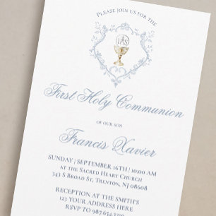 Invitation Calice Hôte crête bleue   Première communion