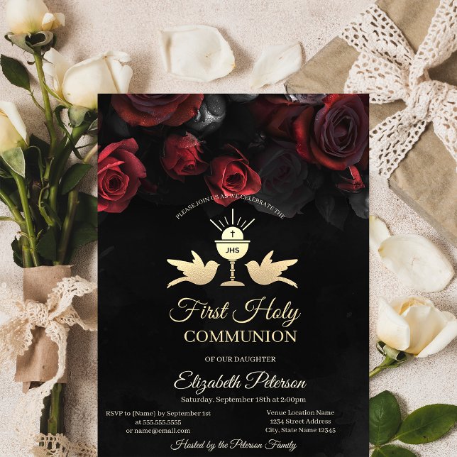 Invitation Calice Première Communion Solennelle Roses Rouges (Créateur téléchargé)