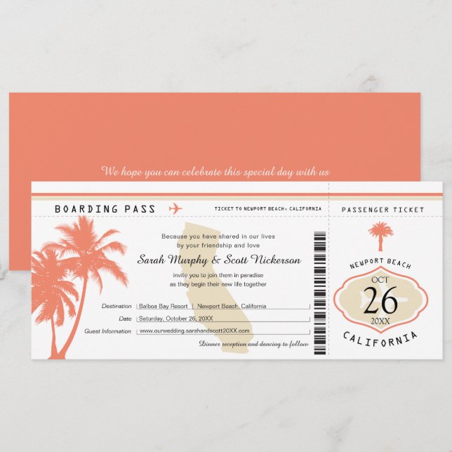 Invitation California Coral Palm Tree Boarding Pass Mariage (Devant / Derrière)