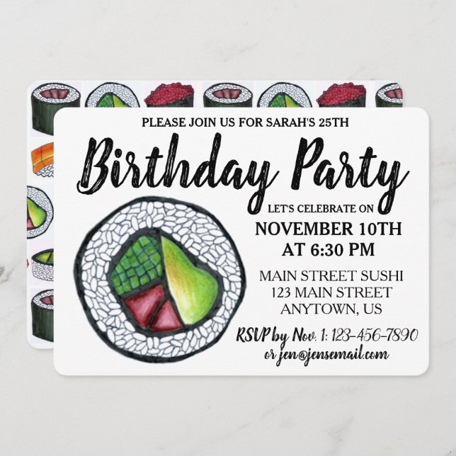 Invitation California Roll Japonais Food Sushi Anniversaire (Devant / Derrière)